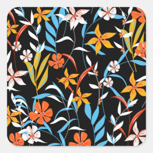 Colourful tropical leaves: dark background pattern square sticker