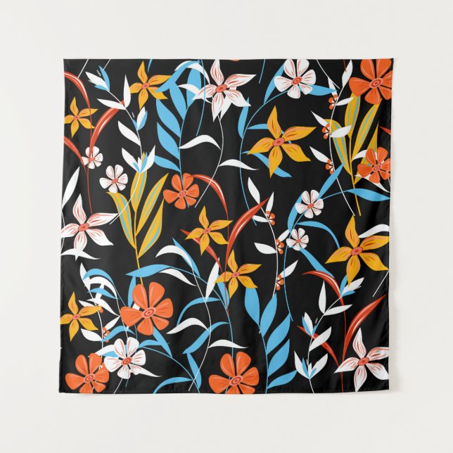 Colourful tropical leaves: dark background pattern tapestry (Front)