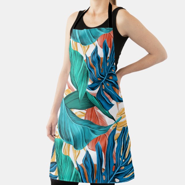 Colourful tropical leaves, exotic pattern design, apron (Insitu)
