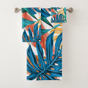 Colourful tropical leaves, exotic pattern design, bath towel set