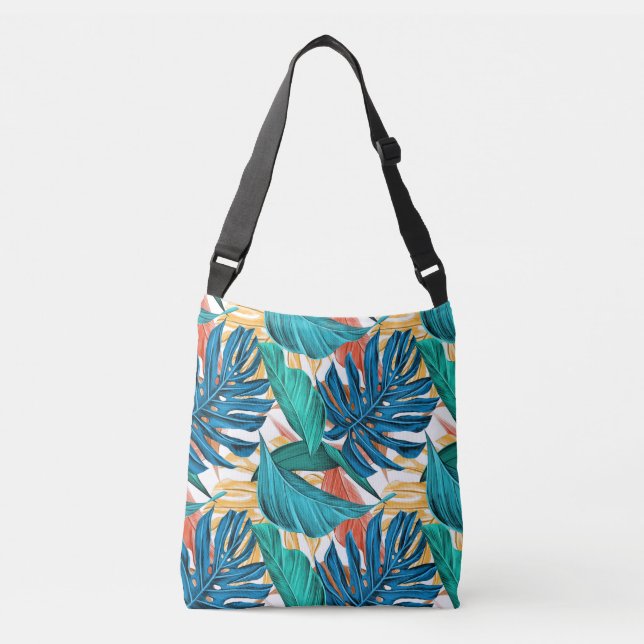 Colourful tropical leaves, exotic pattern design, crossbody bag (Front)