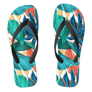 Colourful tropical leaves, exotic pattern design, flip flops