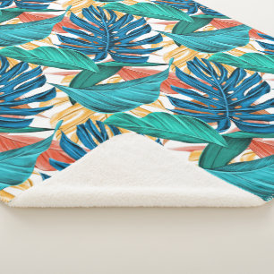 Colourful tropical leaves, exotic pattern design, sherpa blanket