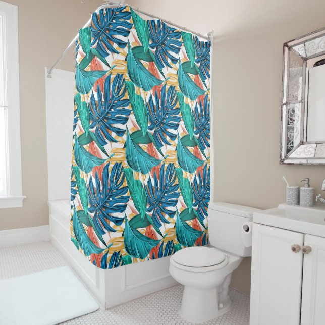 Colourful tropical leaves, exotic pattern design, shower curtain (In Situ)