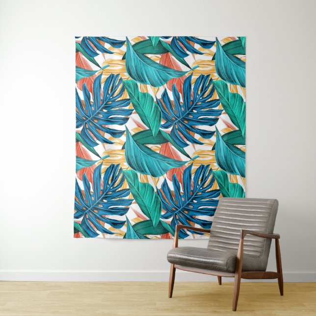 Colourful tropical leaves, exotic pattern design, tapestry (In Situ)