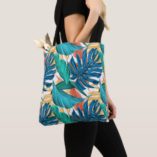 Colourful tropical leaves, exotic pattern design, tote bag