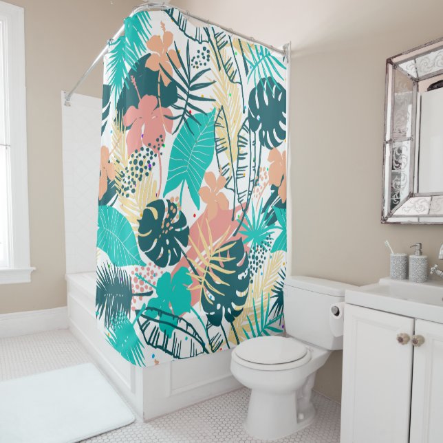 Colourful tropical leaves & flowers collage shower curtain (In Situ)