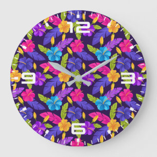 Colourful Tropical Leaves Flowers Pattern-45458 Large Clock