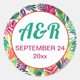 Colourful tropical leaves, frame maximalist weddin classic round sticker