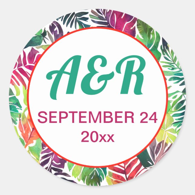 Colourful tropical leaves, frame maximalist weddin classic round sticker (Front)