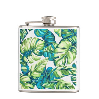 Colourful Tropical Leaves Of Banana and Monstera Hip Flask
