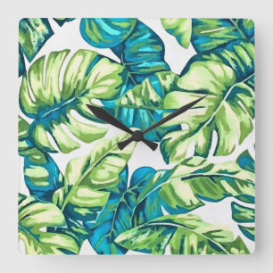 Colourful Tropical Leaves Of Banana and Monstera Square Wall Clock