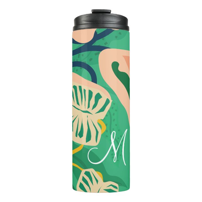 Colourful Tropical Leaves on Green Thermal Tumbler (Front)