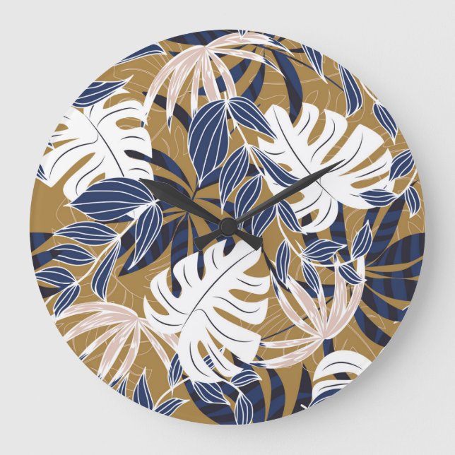 Colourful Tropical Leaves Orange Background Large Clock (Front)