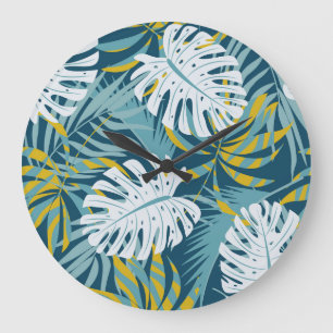 Colourful tropical leaves, original abstract patte large clock