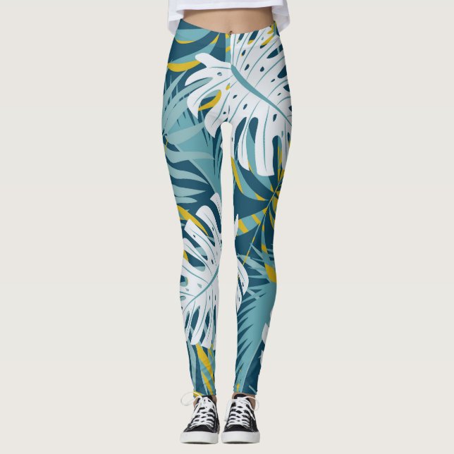 Colourful tropical leaves, original abstract patte leggings (Front)