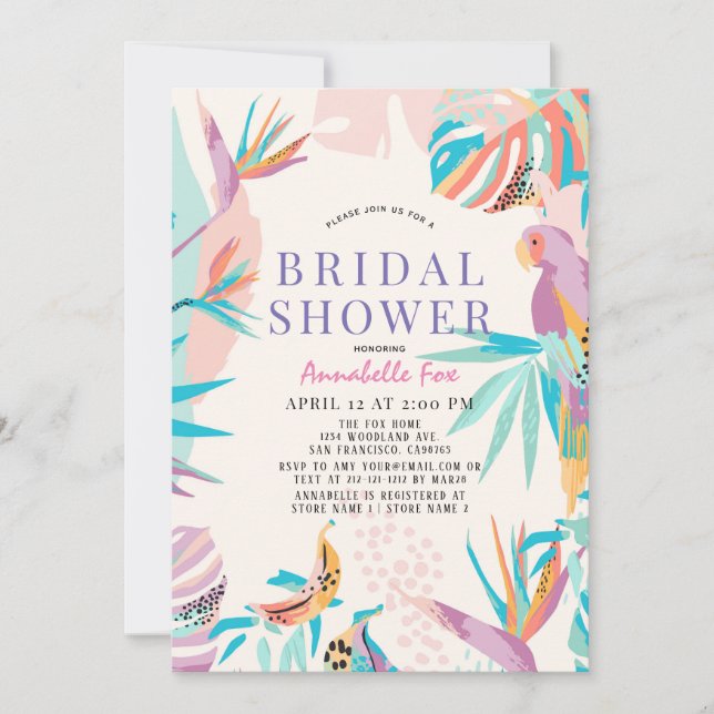 Colourful Tropical leaves Parrot Bridal Shower Invitation (Front)
