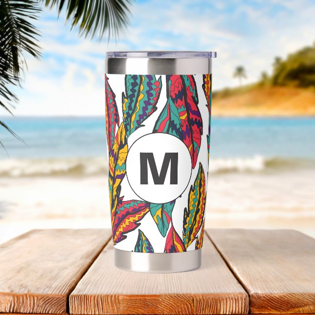 Colourful Tropical Leaves Pattern Monogram  Insulated Tumbler (Beach)