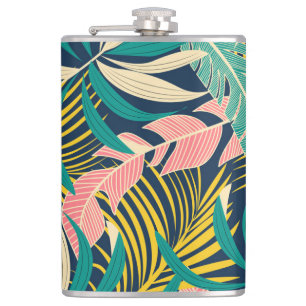Colourful tropical leaves: summer pattern. hip flask