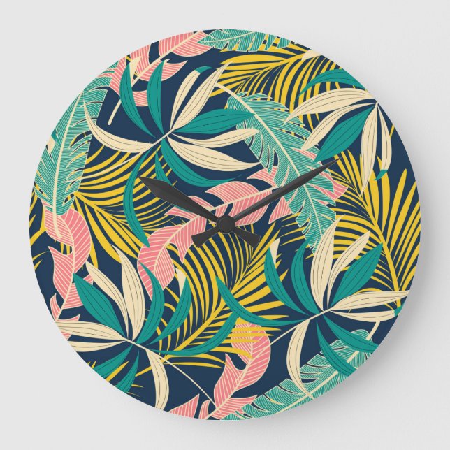 Colourful tropical leaves: summer pattern. large clock (Front)