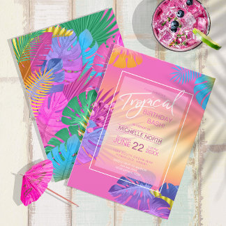 Colourful Tropical Leaves Sunset Birthday ID575 Invitation