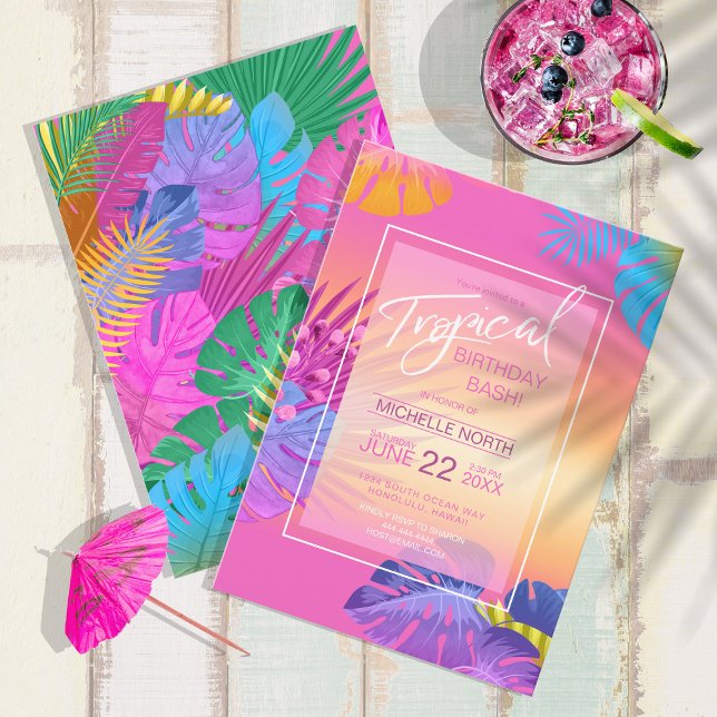 Colourful Tropical Leaves Sunset Birthday ID575 Invitation (Front/Back In Situ)