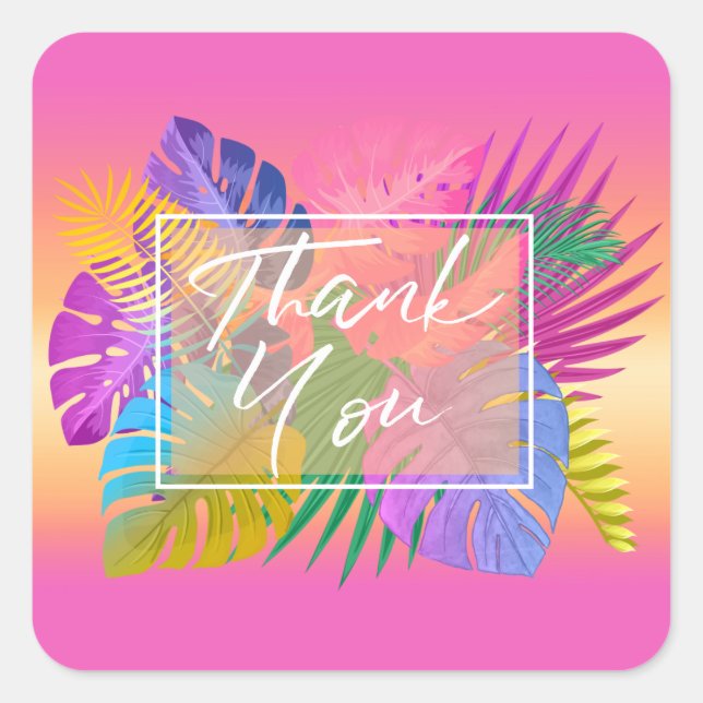 Colourful Tropical Leaves Sunset Thank You ID575 Square Sticker (Front)