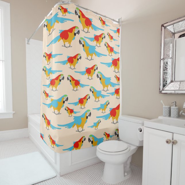 Colourful Tropical Macaw Pattern Shower Curtain (In Situ)