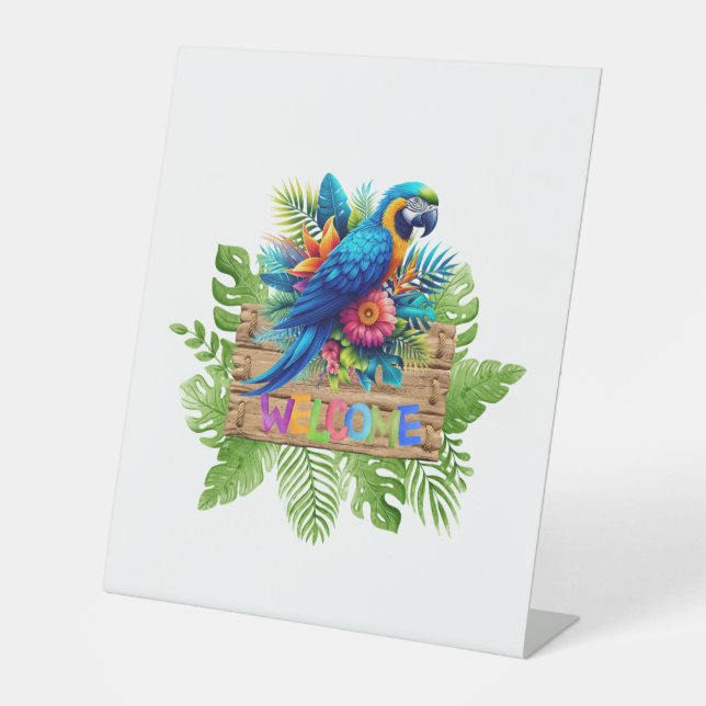 Colourful/tropical Macaw welcome Pedestal Sign (Front)