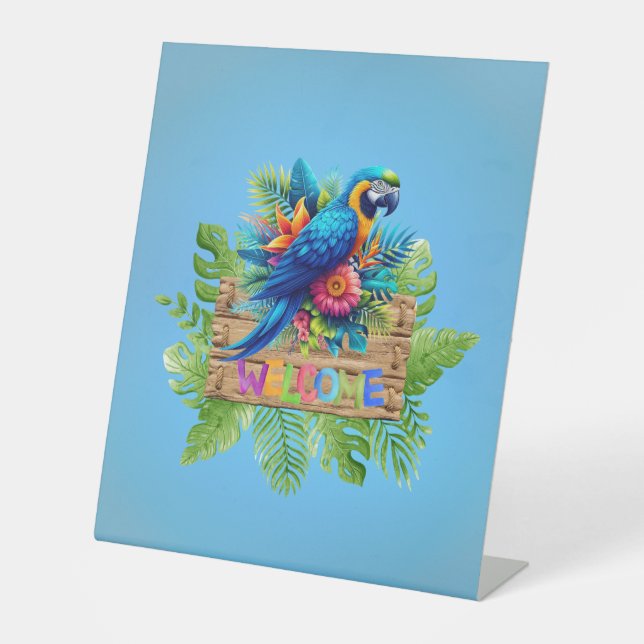 Colourful/tropical Macaw welcome Pedestal Sign (Front)