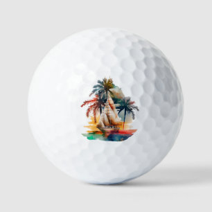 Colourful Tropical Palm and Sailboat Golf Balls