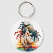 Colourful Tropical Palm and Sailboat Keychain