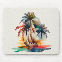 Colourful Tropical Palm and Sailboat Mousepad