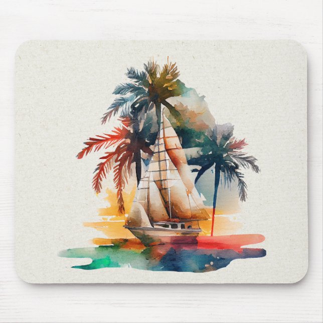 Colourful Tropical Palm and Sailboat Mousepad (Front)