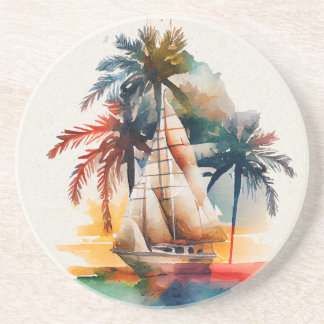 Colourful Tropical Palm and Sailboat Sandstone Coa Coaster
