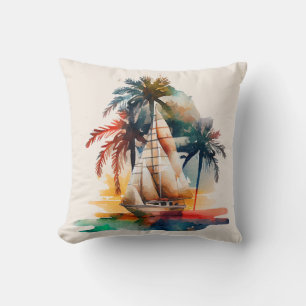 Colourful Tropical Palm and Sailboat Throw Pillow