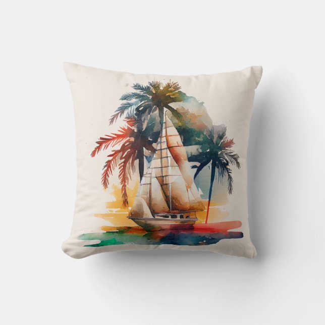 Colourful Tropical Palm and Sailboat Throw Pillow (Front)