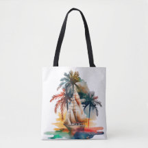 Colourful Tropical Palm Sailboat Tote Bag