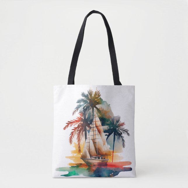 Colourful Tropical Palm Sailboat Tote Bag (Front)