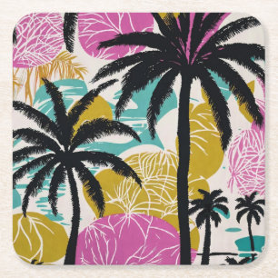 Colourful Tropical Palm Tree Pattern Square Paper Coaster