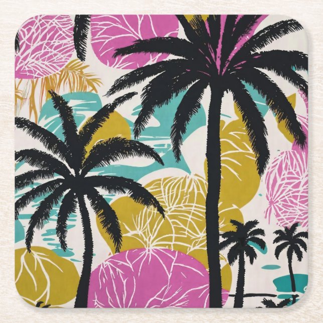 Colourful Tropical Palm Tree Pattern Square Paper Coaster (Front)