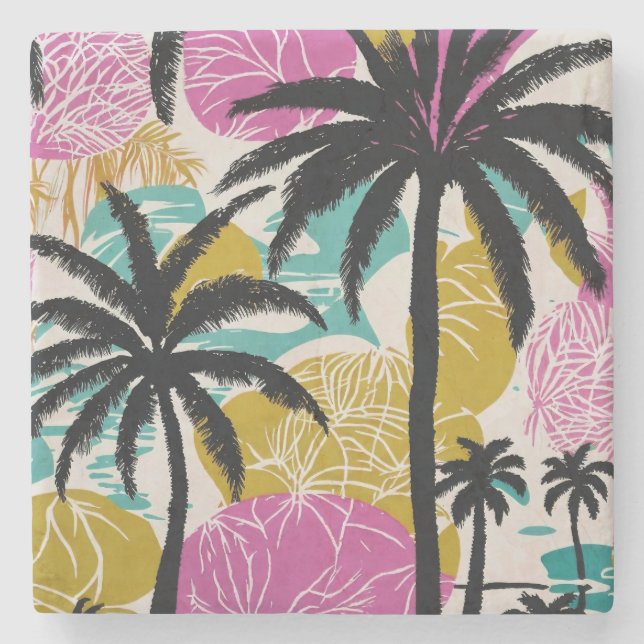 Colourful Tropical Palm Tree Pattern Stone Coaster (Front)