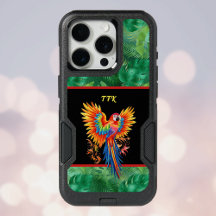 Colourful Tropical Parrot on Black Green w Initial