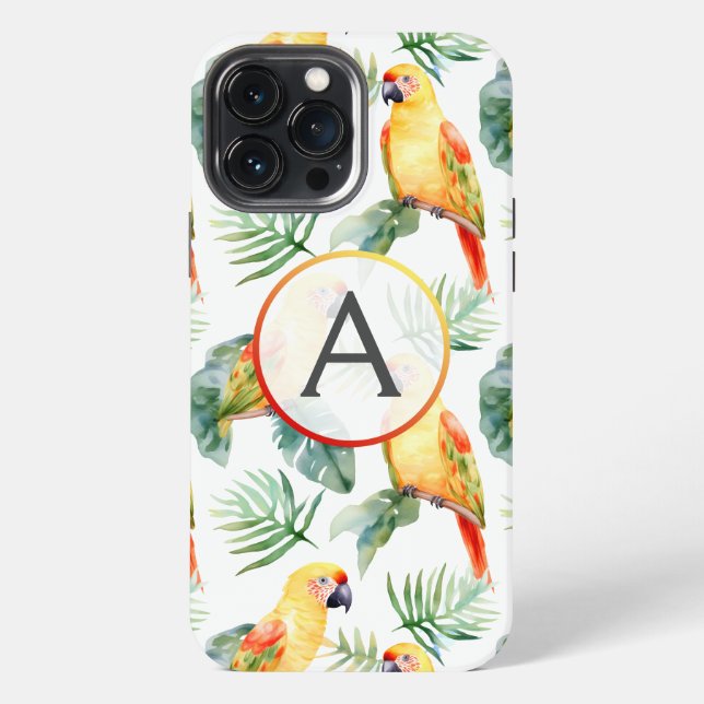 Colourful Tropical Parrot Pattern & Monogram iPhone Case (Back)