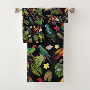Colourful Tropical Parrots, Leaves & Flowers Bath Towel Set