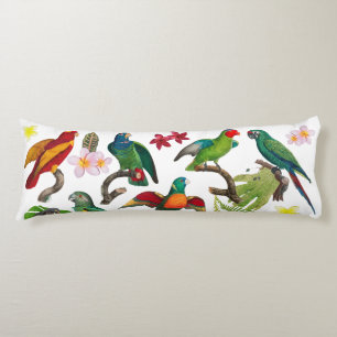 Colourful Tropical Parrots, Leaves & Flowers Body Cushion