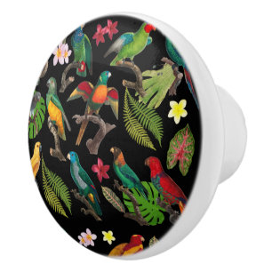 Colourful Tropical Parrots, Leaves & Flowers  Ceramic Knob