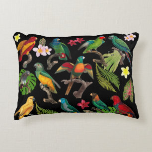 Colourful Tropical Parrots, Leaves & Flowers Decorative Cushion
