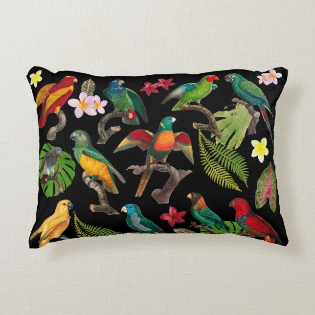 Colourful Tropical Parrots, Leaves & Flowers Decorative Cushion (Front)