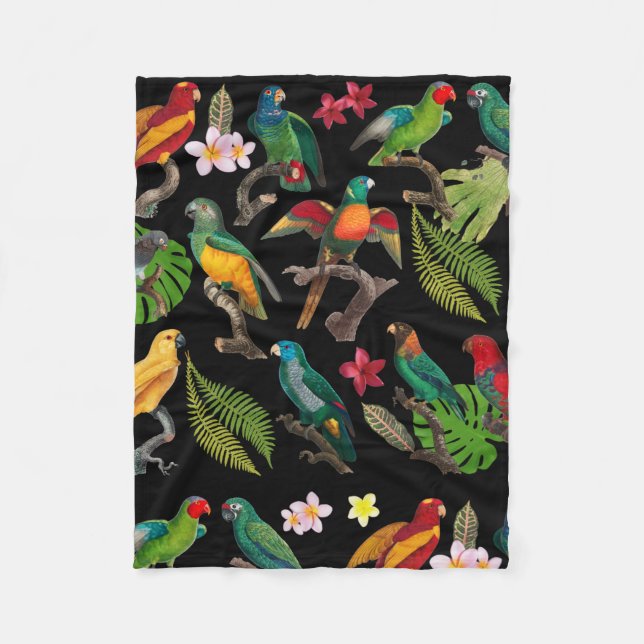 Colourful Tropical Parrots, Leaves & Flowers  Fleece Blanket (Front)